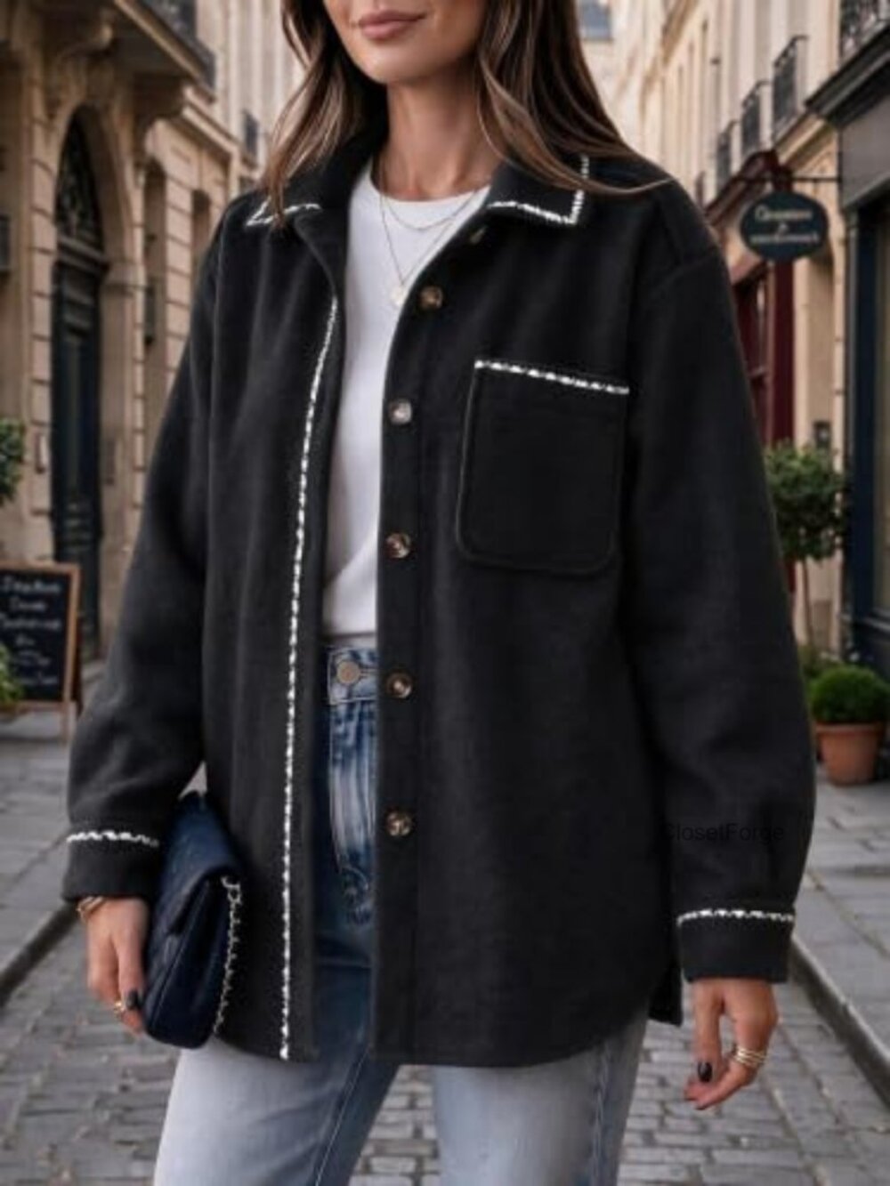 Wool Blend Oversized Shacket Button Front Chest Pockets Fall Layer - Picture 3 of 5